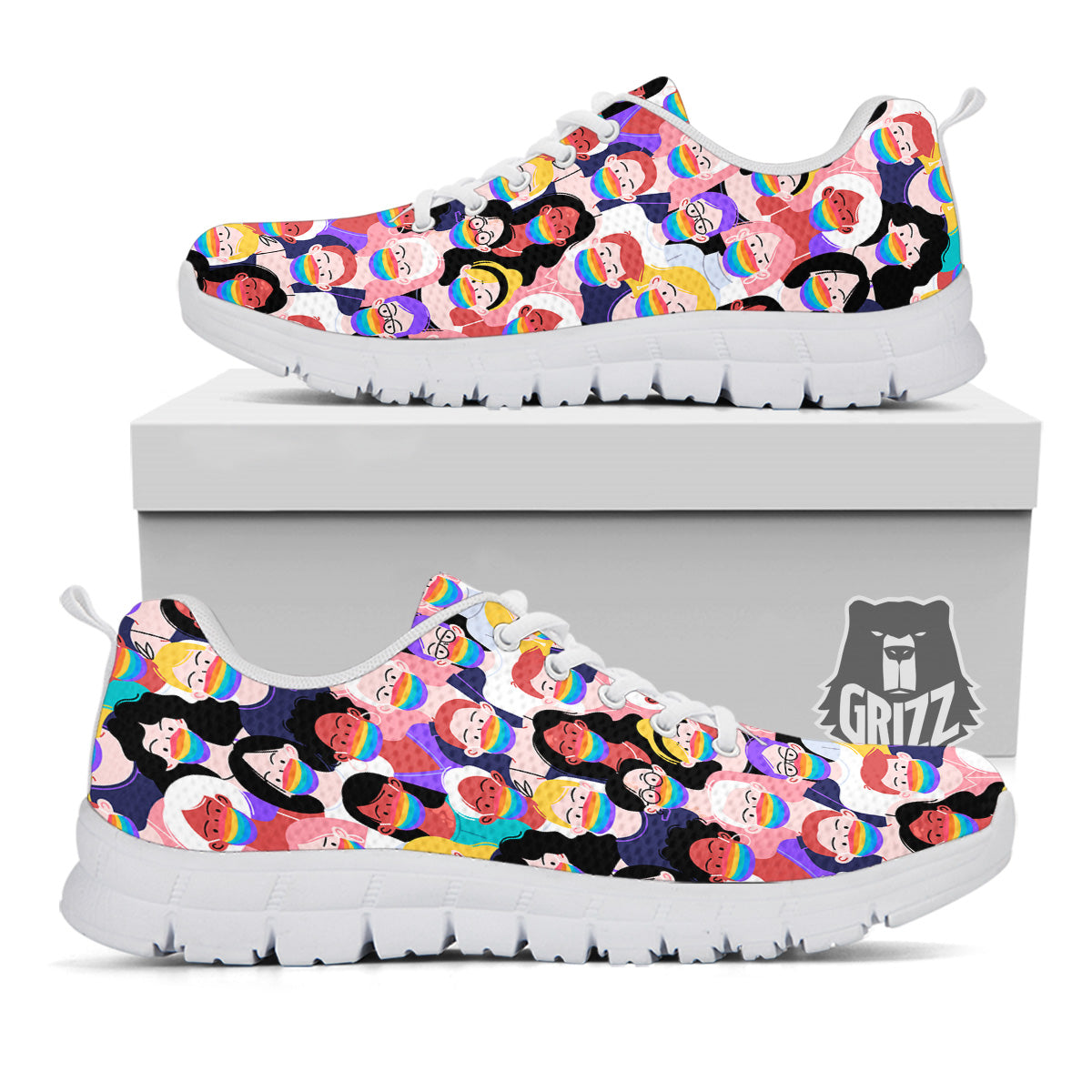 People And Rainbow Face Masks Print Pattern White Sneaker-grizzshop