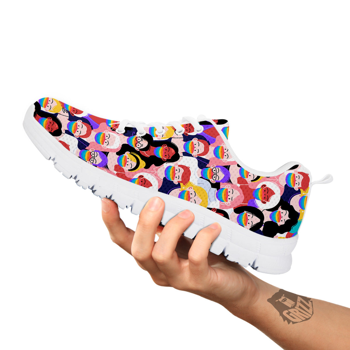 People And Rainbow Face Masks Print Pattern White Sneaker-grizzshop