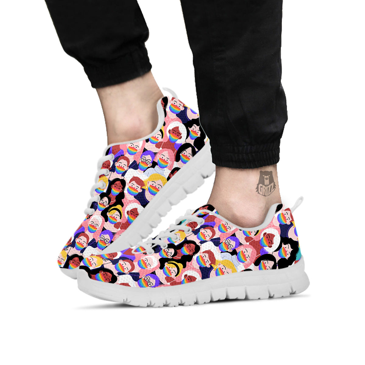 People And Rainbow Face Masks Print Pattern White Sneaker-grizzshop
