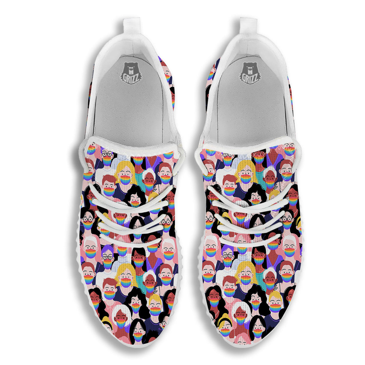 People And Rainbow Face Masks Print Pattern White Walking Shoes-grizzshop