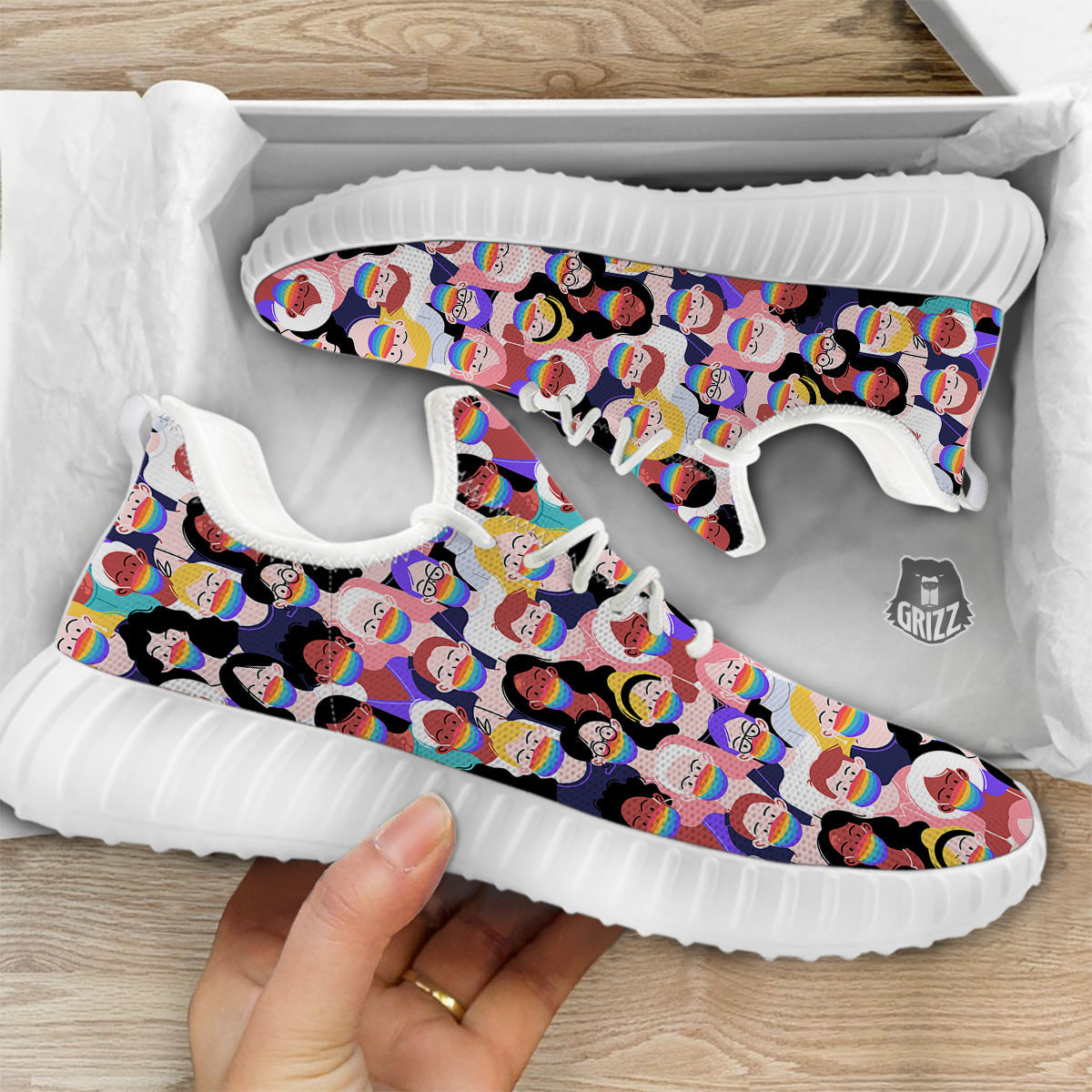 People And Rainbow Face Masks Print Pattern White Walking Shoes-grizzshop