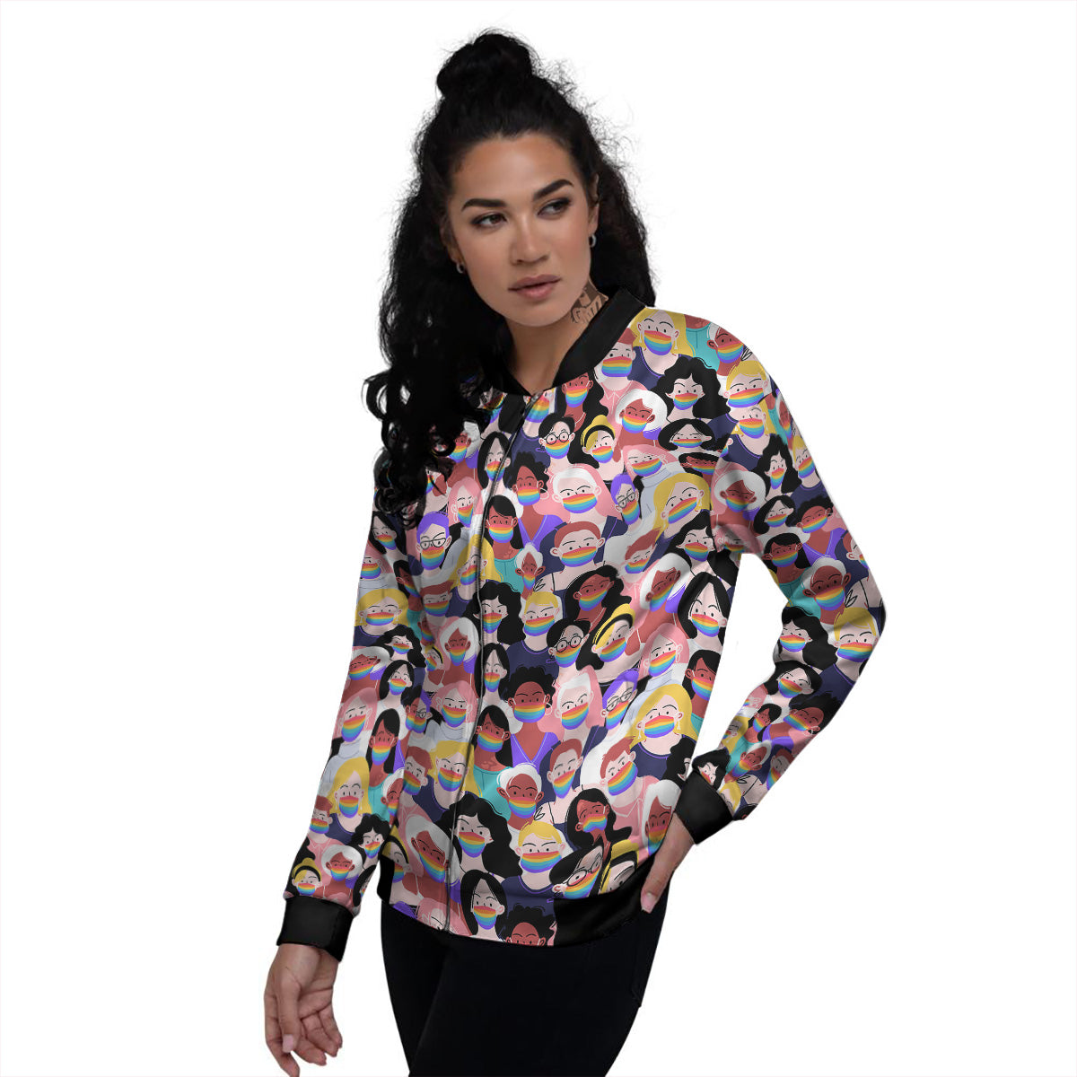 People And Rainbow Face Masks Print Pattern Women's Bomber Jacket-grizzshop