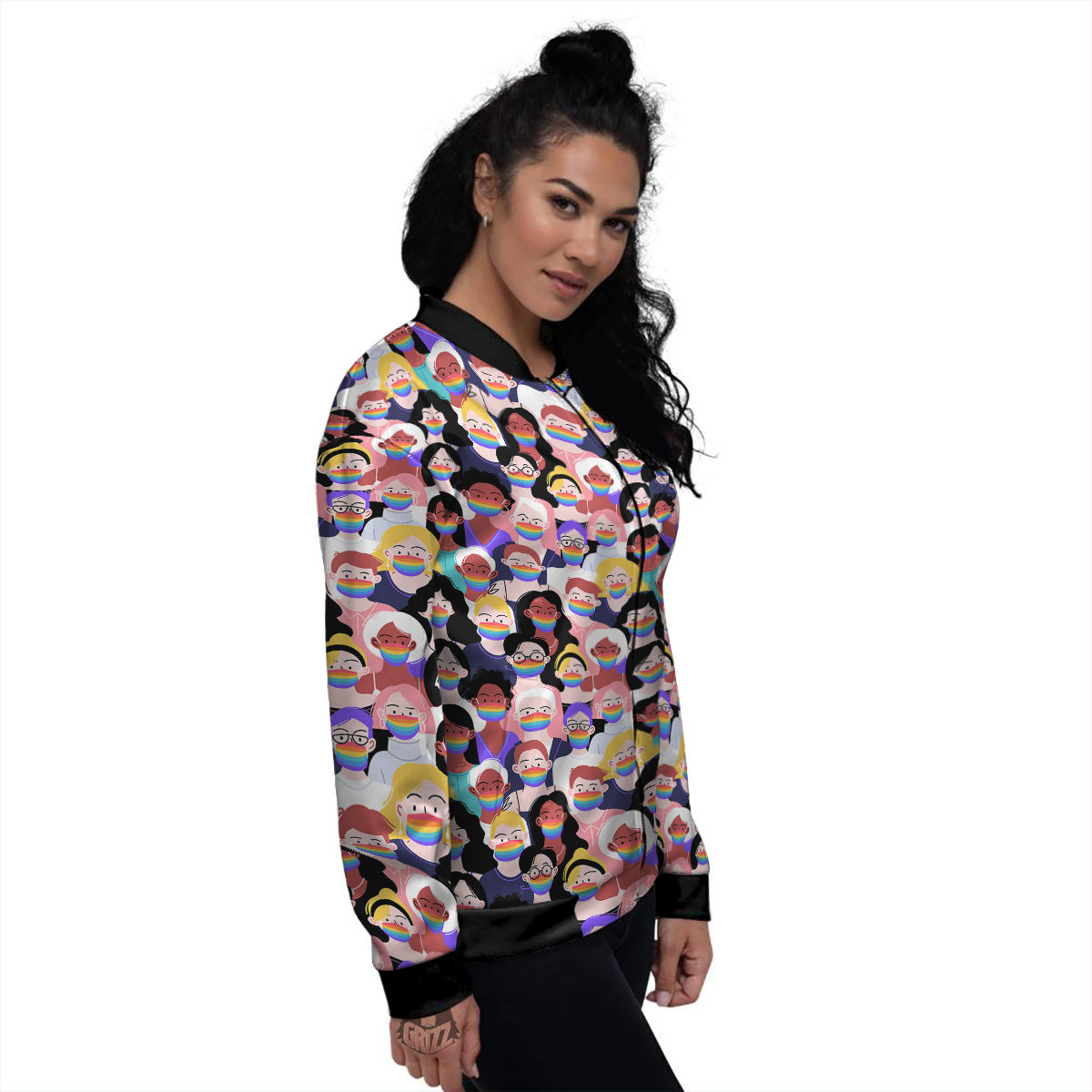 People And Rainbow Face Masks Print Pattern Women's Bomber Jacket-grizzshop