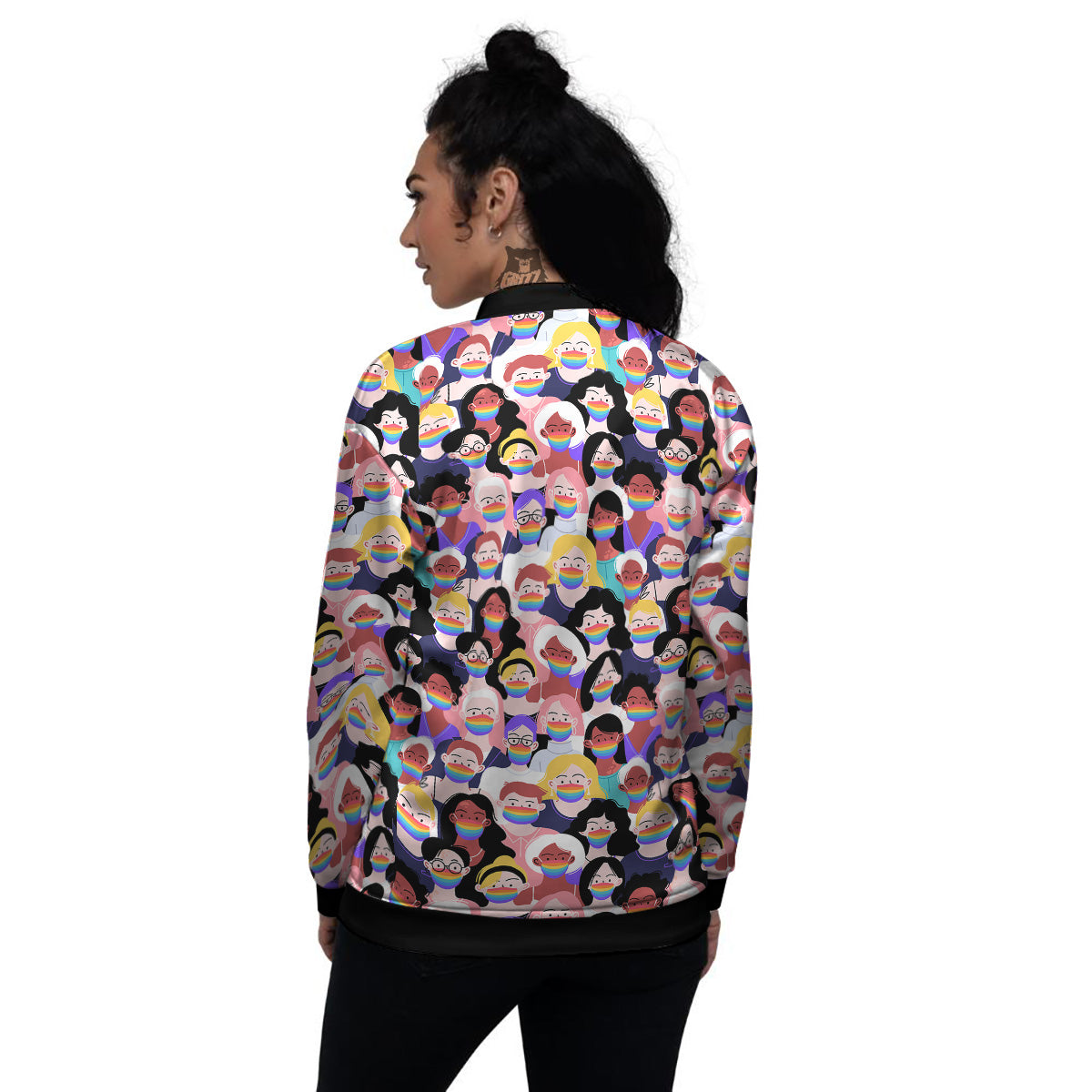 People And Rainbow Face Masks Print Pattern Women's Bomber Jacket-grizzshop