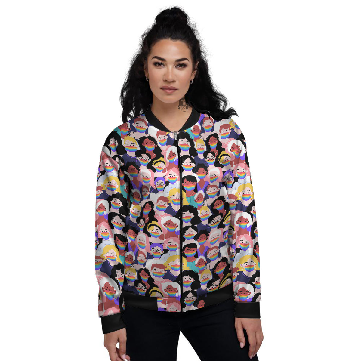 People And Rainbow Face Masks Print Pattern Women's Bomber Jacket-grizzshop