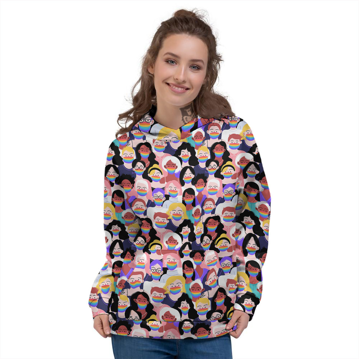 People And Rainbow Face Masks Print Pattern Women's Hoodie-grizzshop