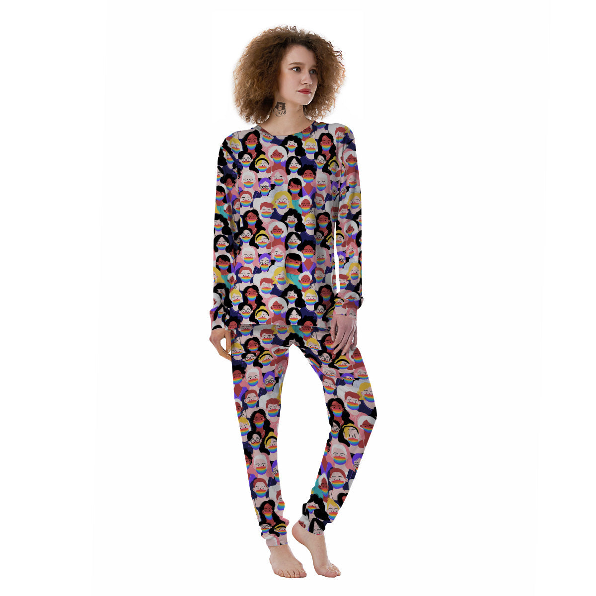 People And Rainbow Face Masks Print Pattern Women's Pajamas-grizzshop