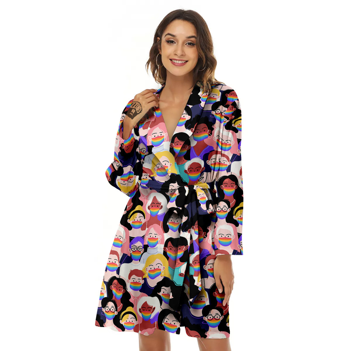 People And Rainbow Face Masks Print Pattern Women's Robe-grizzshop