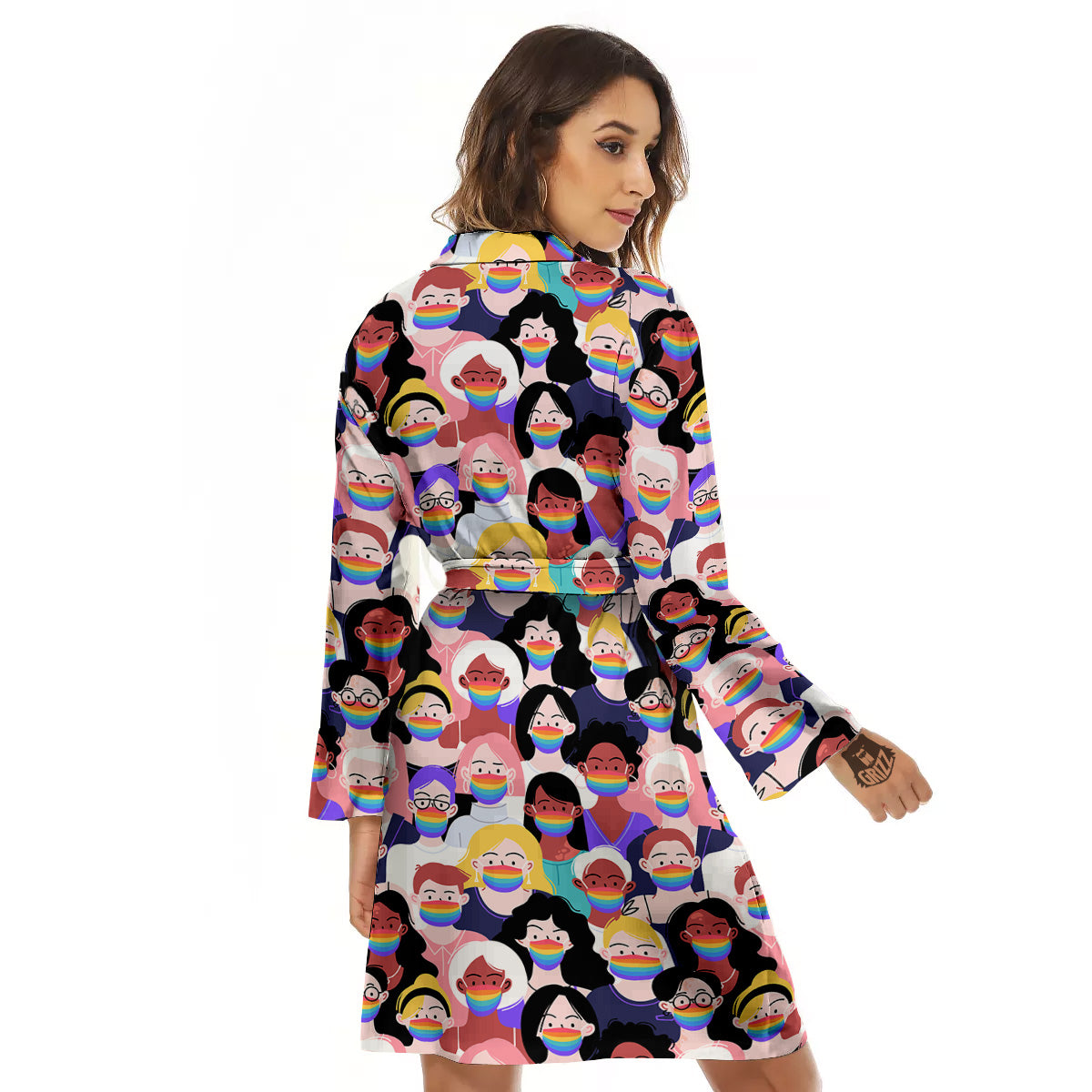 People And Rainbow Face Masks Print Pattern Women's Robe-grizzshop