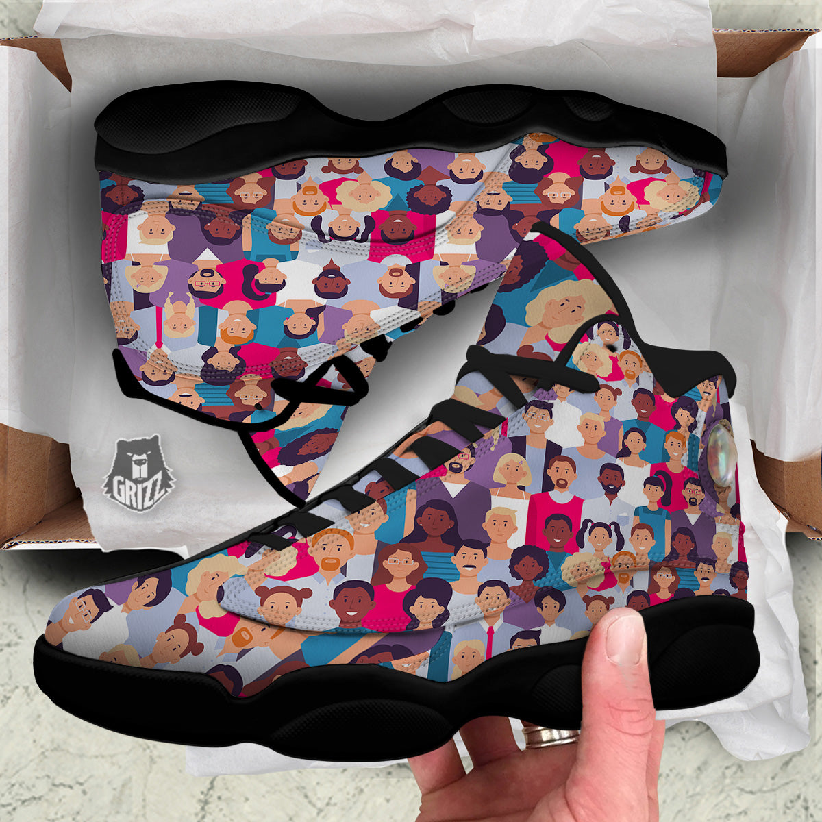 People Smile Colorful Print Pattern Black Basketball Shoes-grizzshop