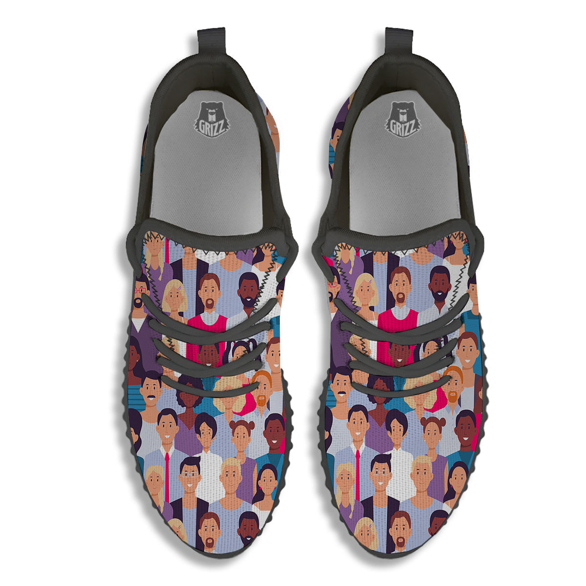 People Smile Colorful Print Pattern Black Walking Shoes-grizzshop
