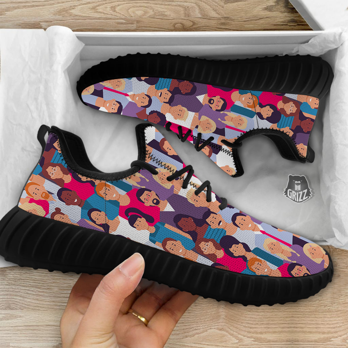 People Smile Colorful Print Pattern Black Walking Shoes-grizzshop