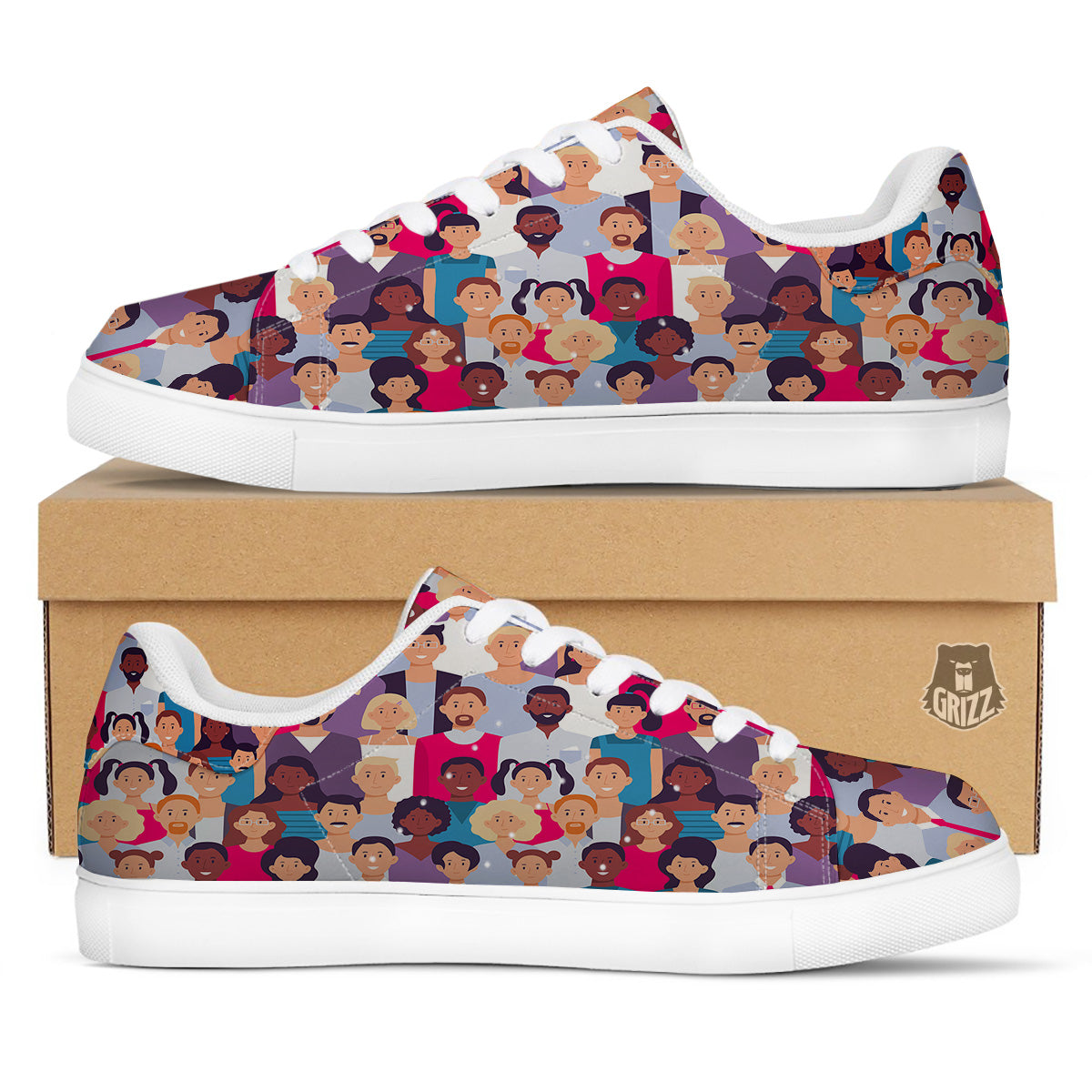 People Smile Colorful Print Pattern White Low Top Sneakers-grizzshop