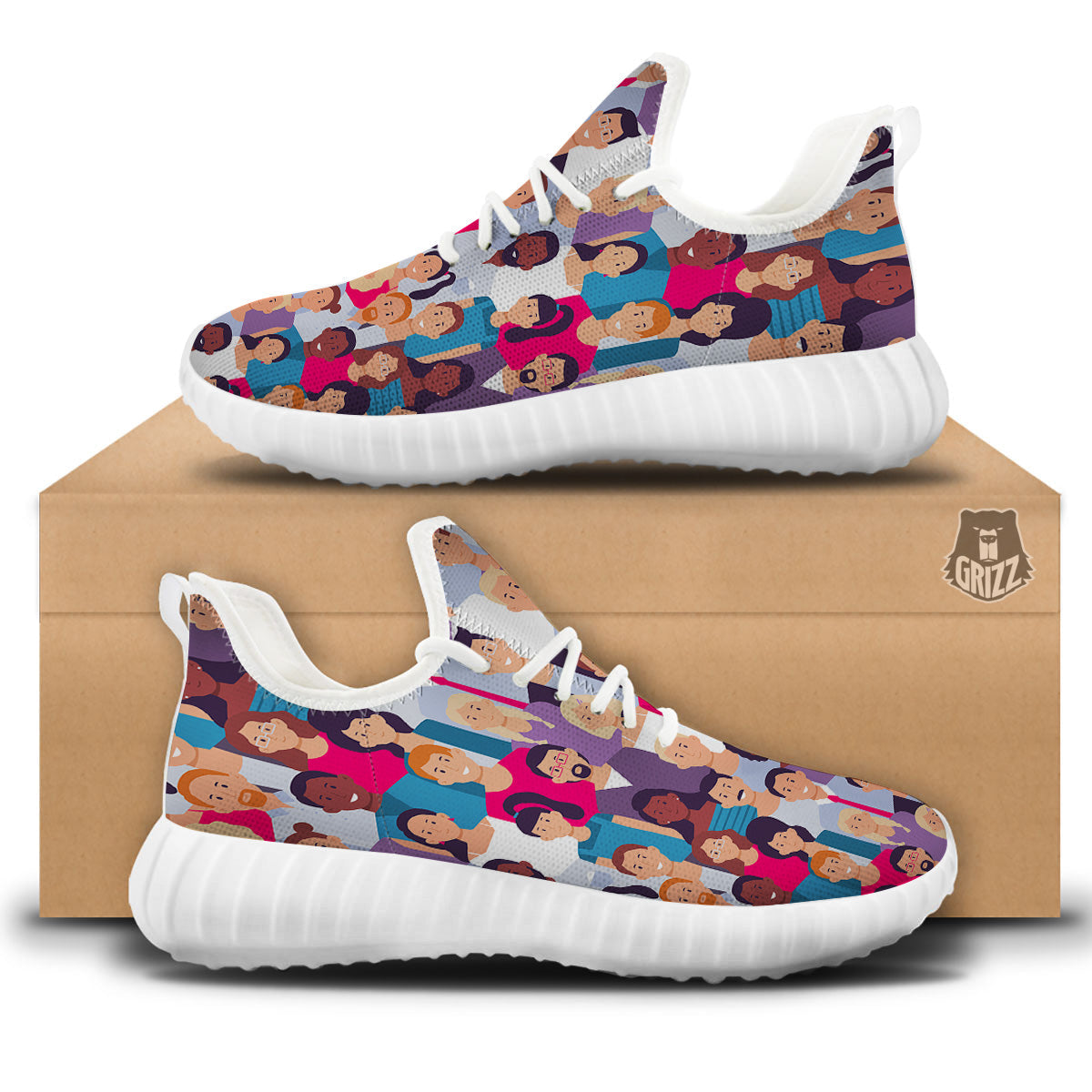 People Smile Colorful Print Pattern White Walking Shoes-grizzshop