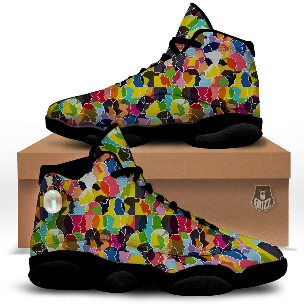 People Talking Colorful Print Pattern Black Basketball Shoes-grizzshop