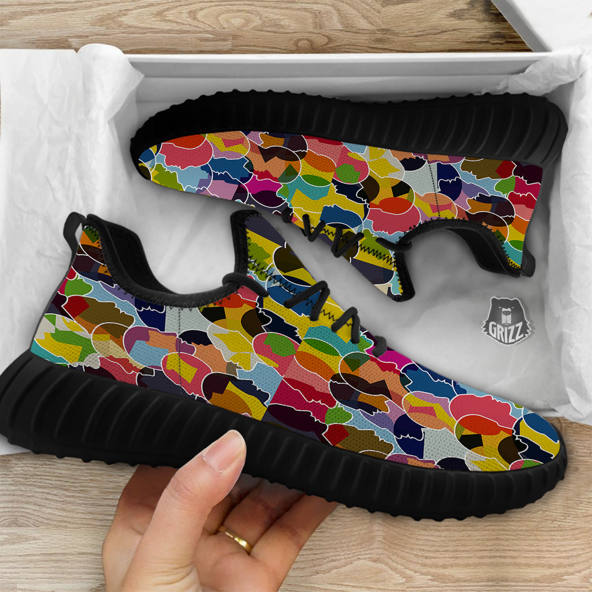 People Talking Colorful Print Pattern Black Walking Shoes-grizzshop