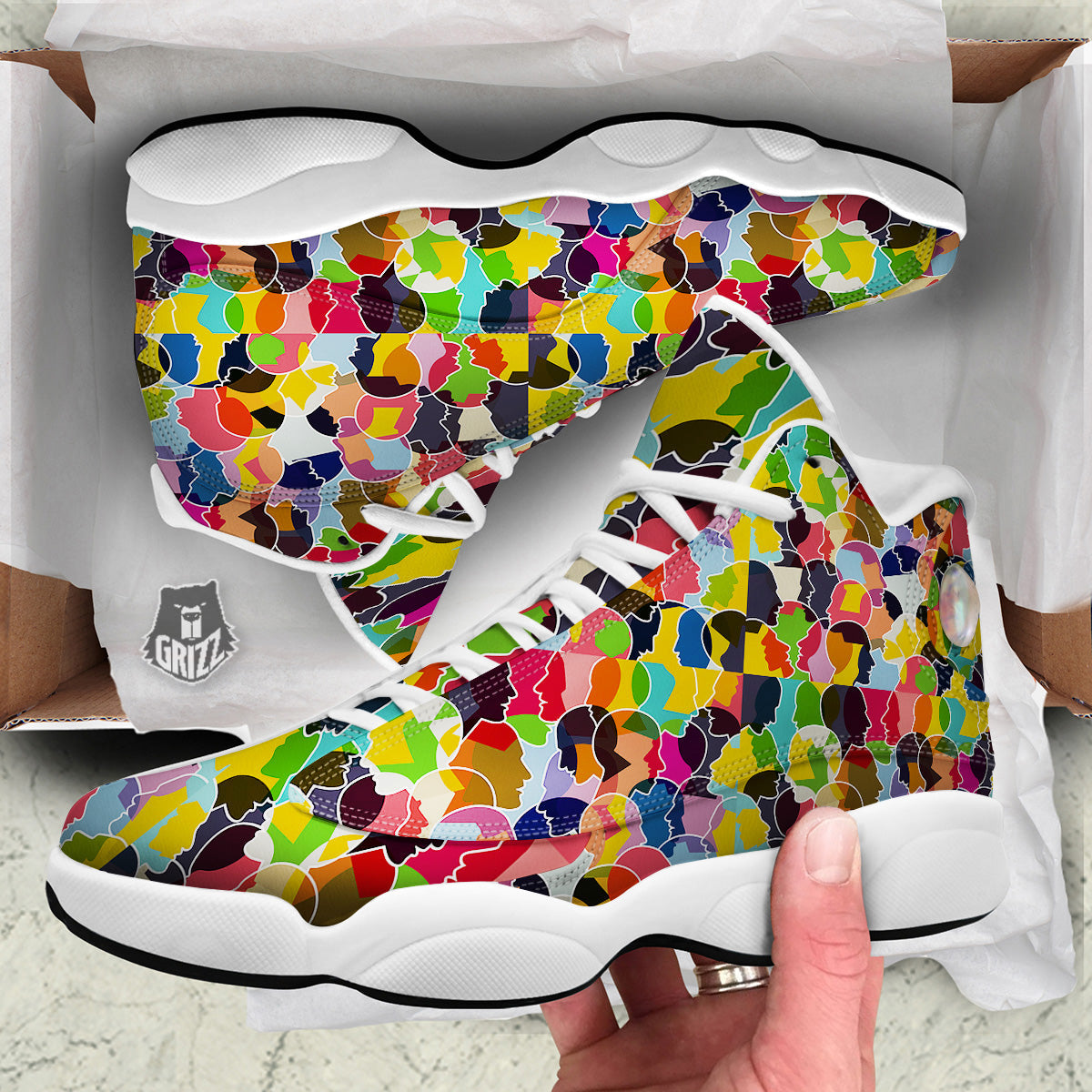 People Talking Colorful Print Pattern White Basketball Shoes-grizzshop