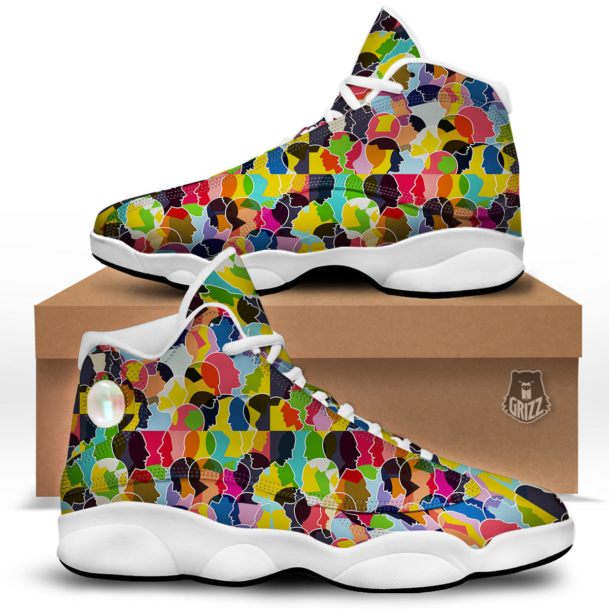 People Talking Colorful Print Pattern White Basketball Shoes-grizzshop