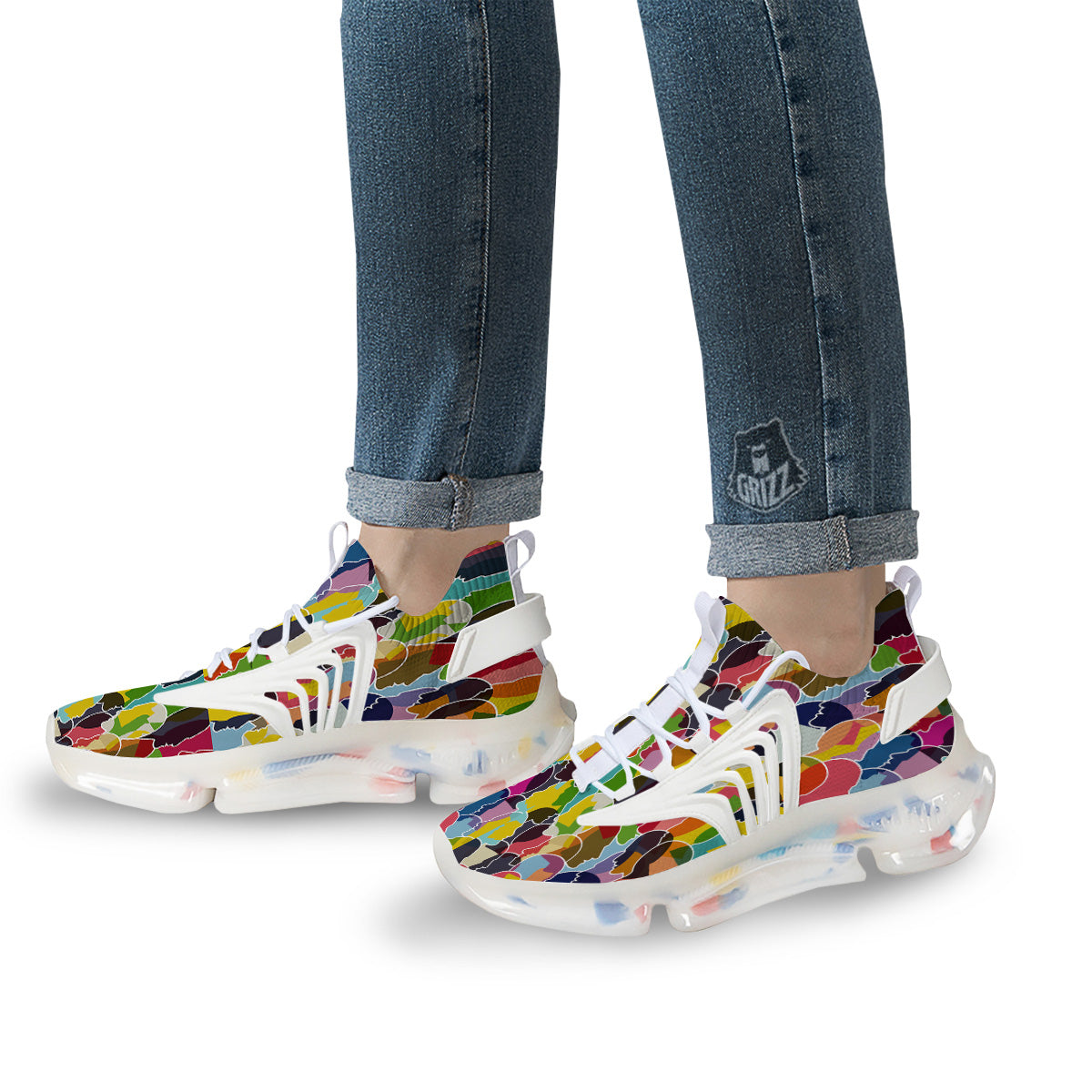 People Talking Colorful Print Pattern White Gym Shoes-grizzshop