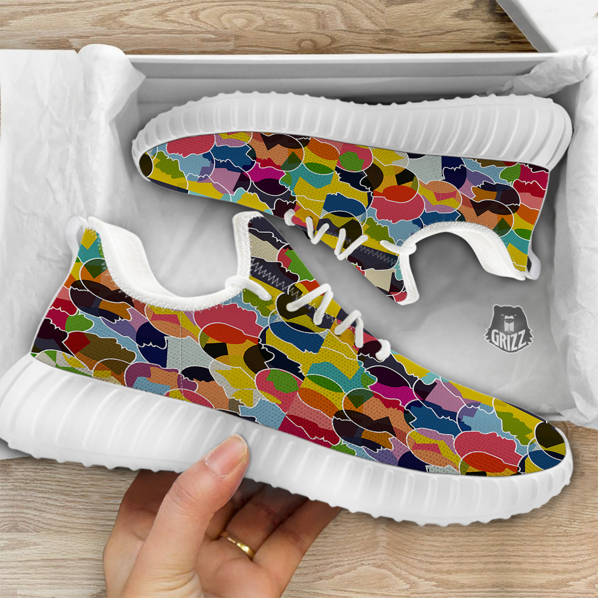 People Talking Colorful Print Pattern White Walking Shoes-grizzshop