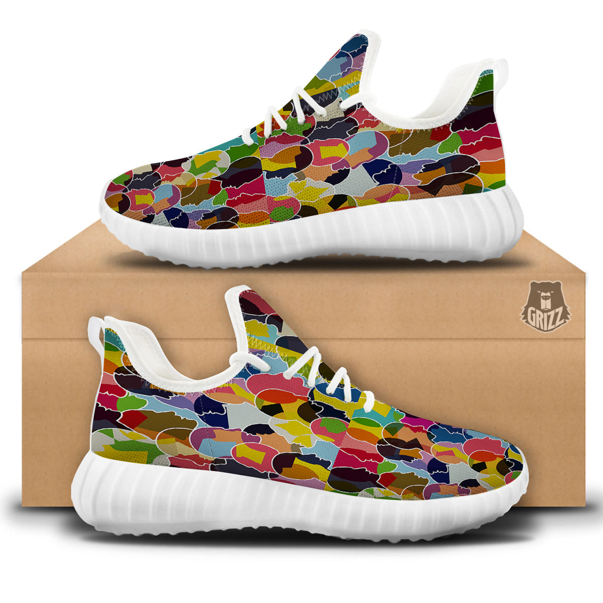 People Talking Colorful Print Pattern White Walking Shoes-grizzshop