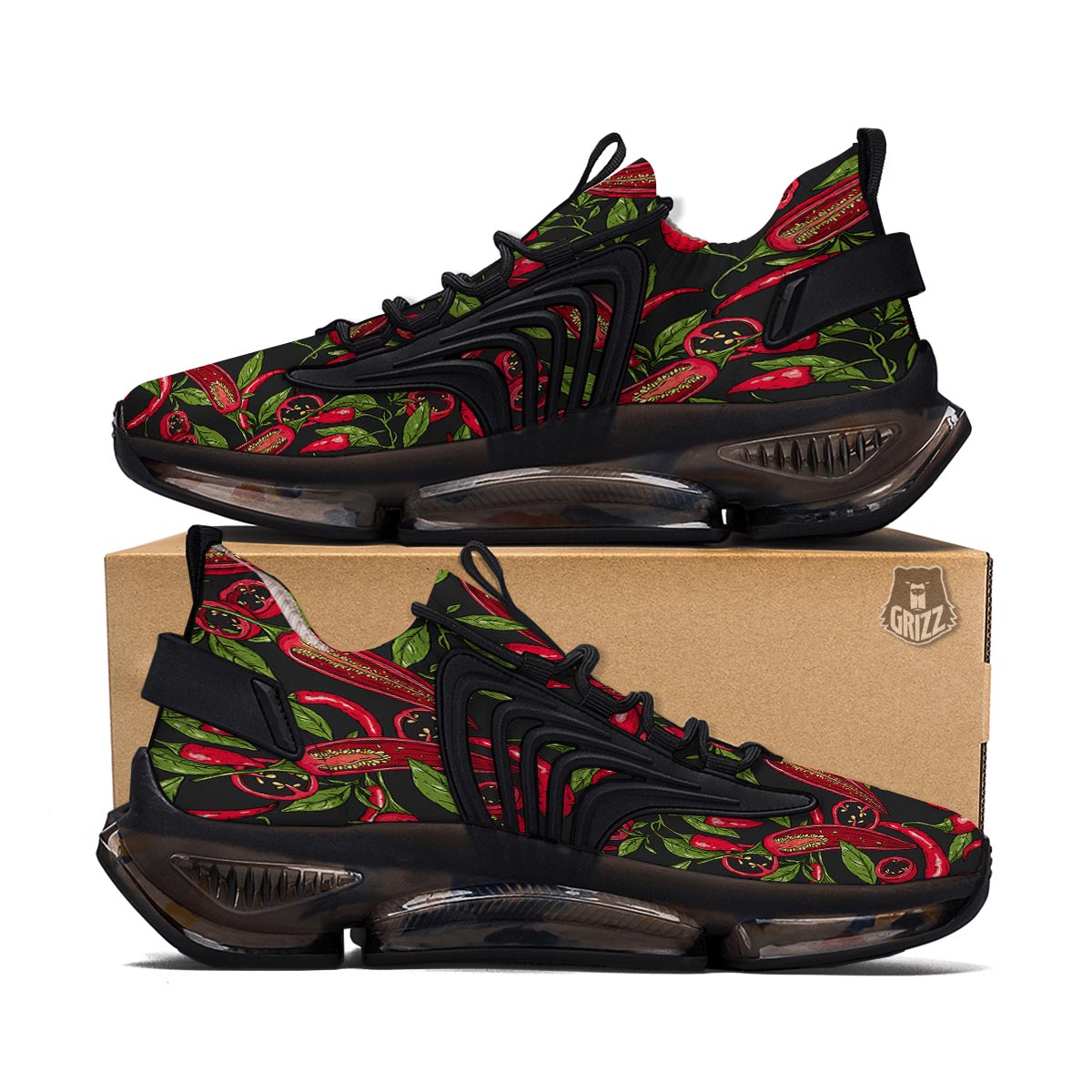 Peppers Red Chili Print Pattern Black Gym Shoes-grizzshop