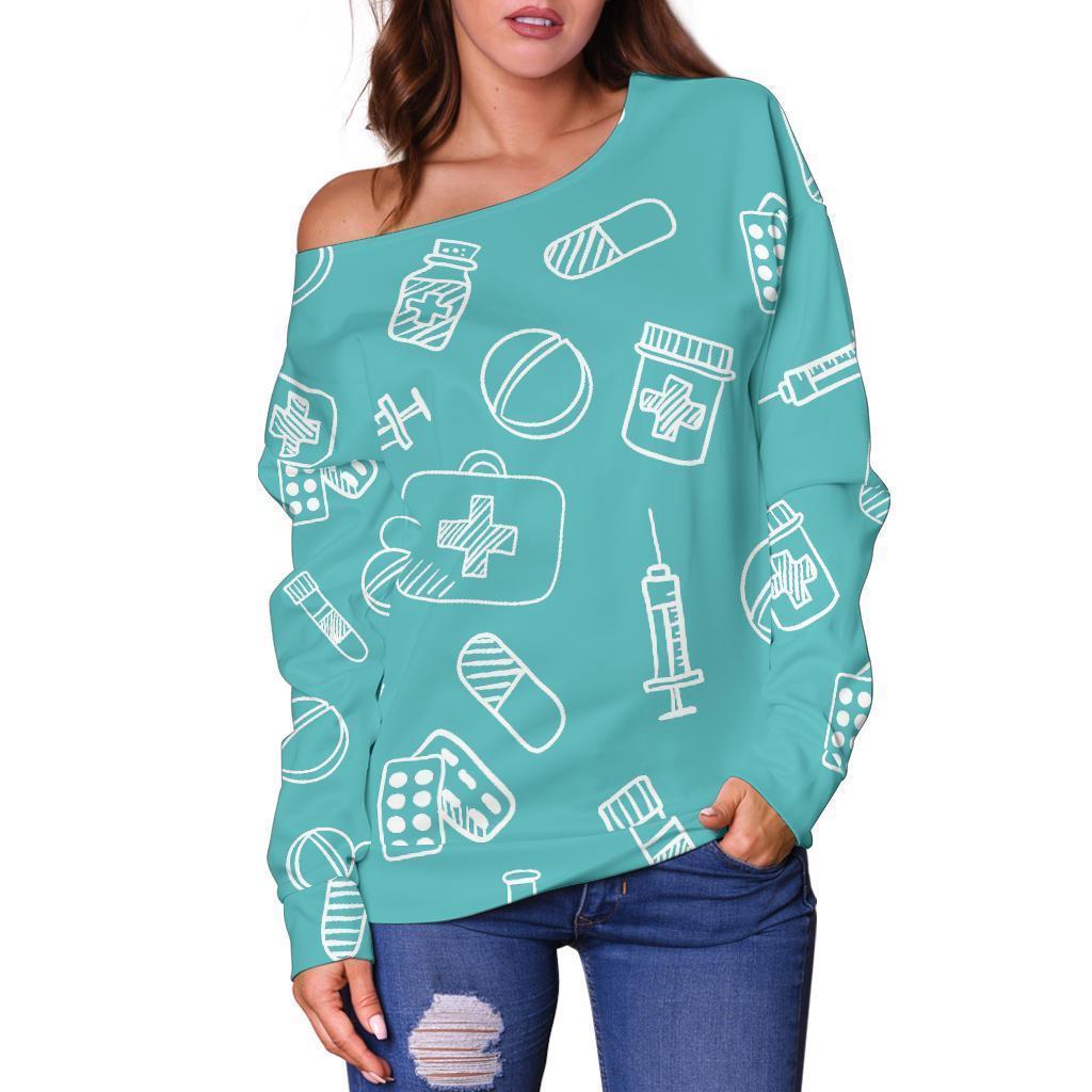 Pharmacy Pastel Pattern Print Women Off Shoulder Sweatshirt-grizzshop