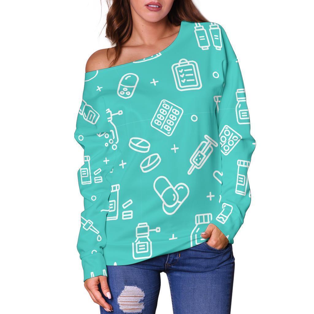 Pharmacy Pastel Print Pattern Women Off Shoulder Sweatshirt-grizzshop