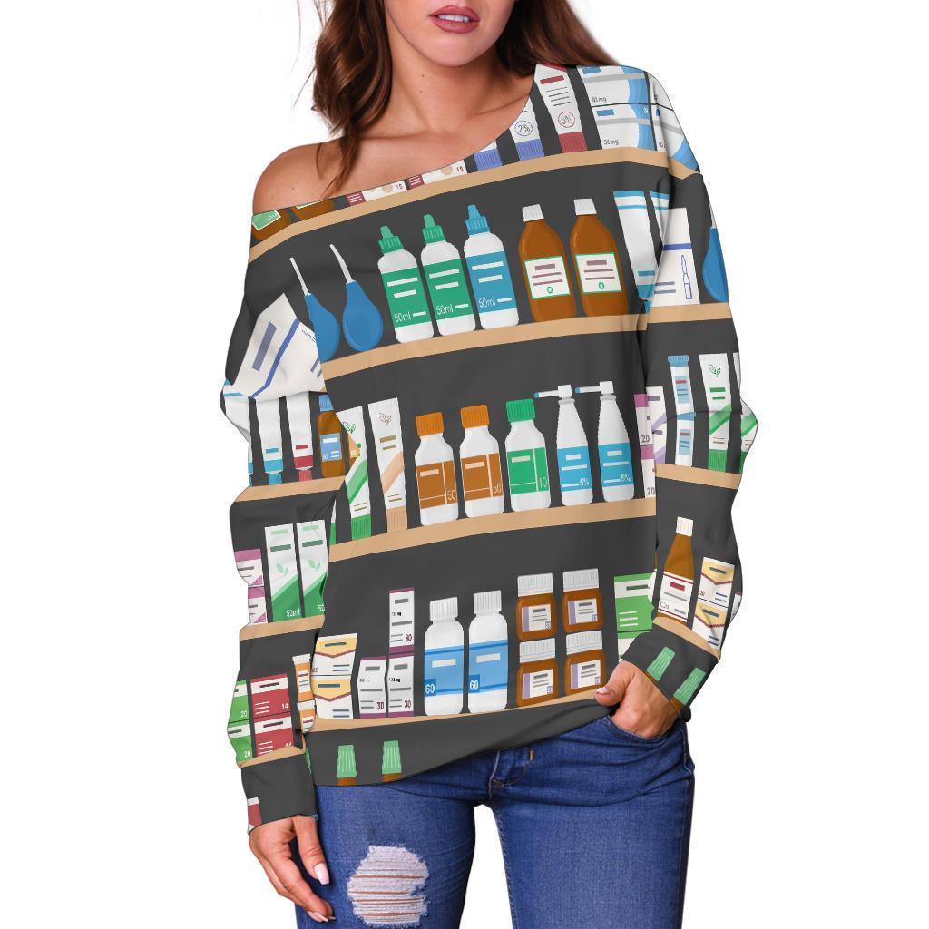 Pharmacy Print Pattern Women Off Shoulder Sweatshirt-grizzshop