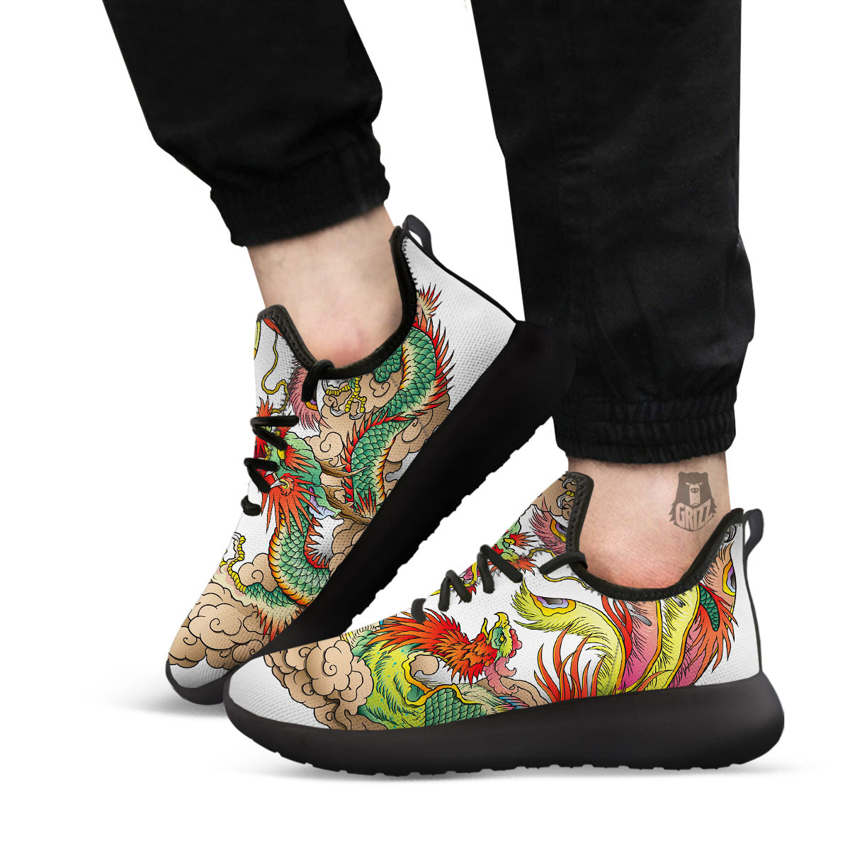 Phoenix And Dragon Japanese Tattoo Print Black Athletic Shoes-grizzshop