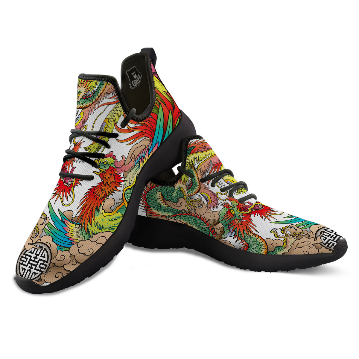 Phoenix And Dragon Japanese Tattoo Print Black Athletic Shoes-grizzshop