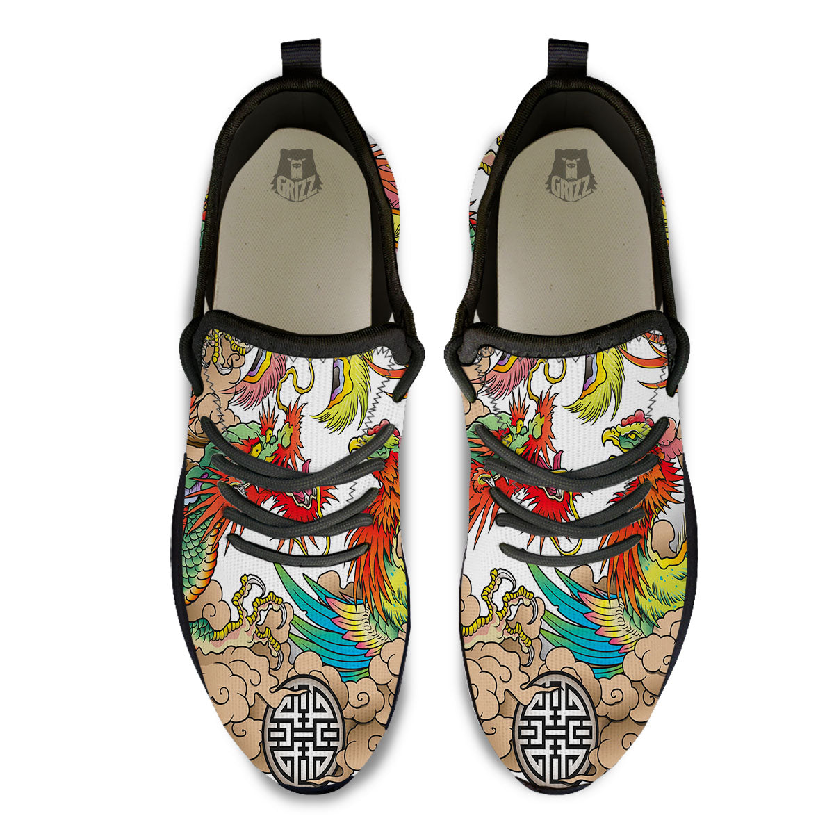 Phoenix And Dragon Japanese Tattoo Print Black Athletic Shoes-grizzshop