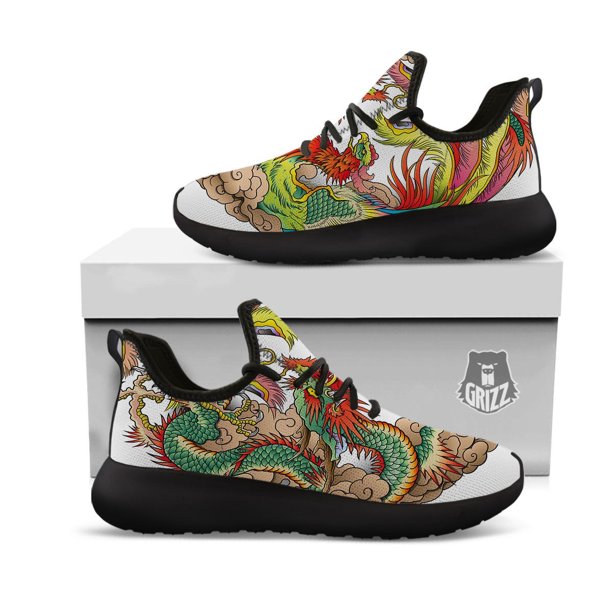 Phoenix And Dragon Japanese Tattoo Print Black Athletic Shoes-grizzshop