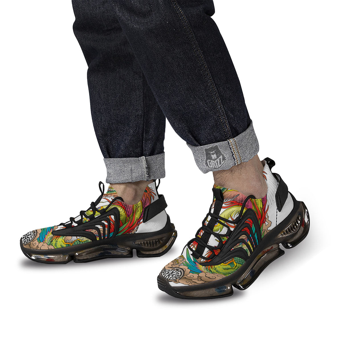 Phoenix And Dragon Japanese Tattoo Print Black Gym Shoes-grizzshop