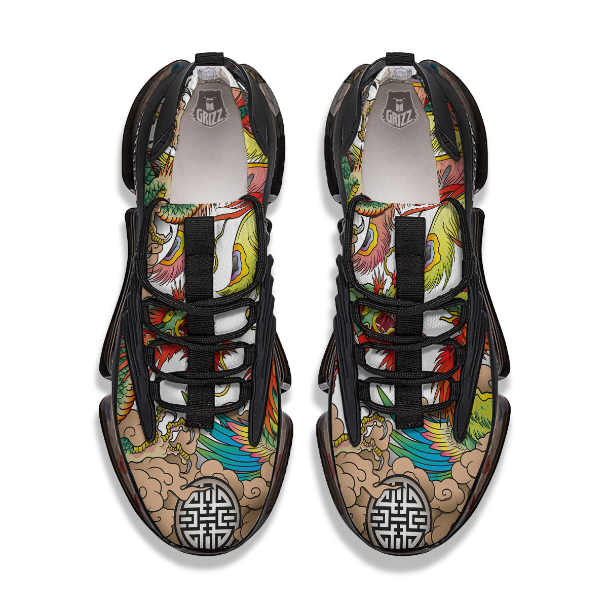 Phoenix And Dragon Japanese Tattoo Print Black Gym Shoes-grizzshop