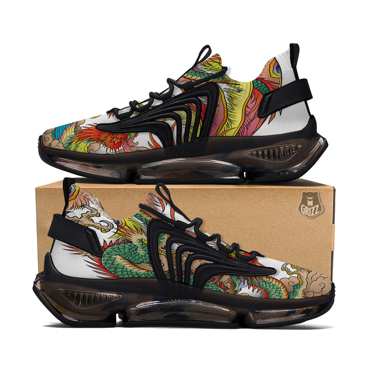 Phoenix And Dragon Japanese Tattoo Print Black Gym Shoes-grizzshop