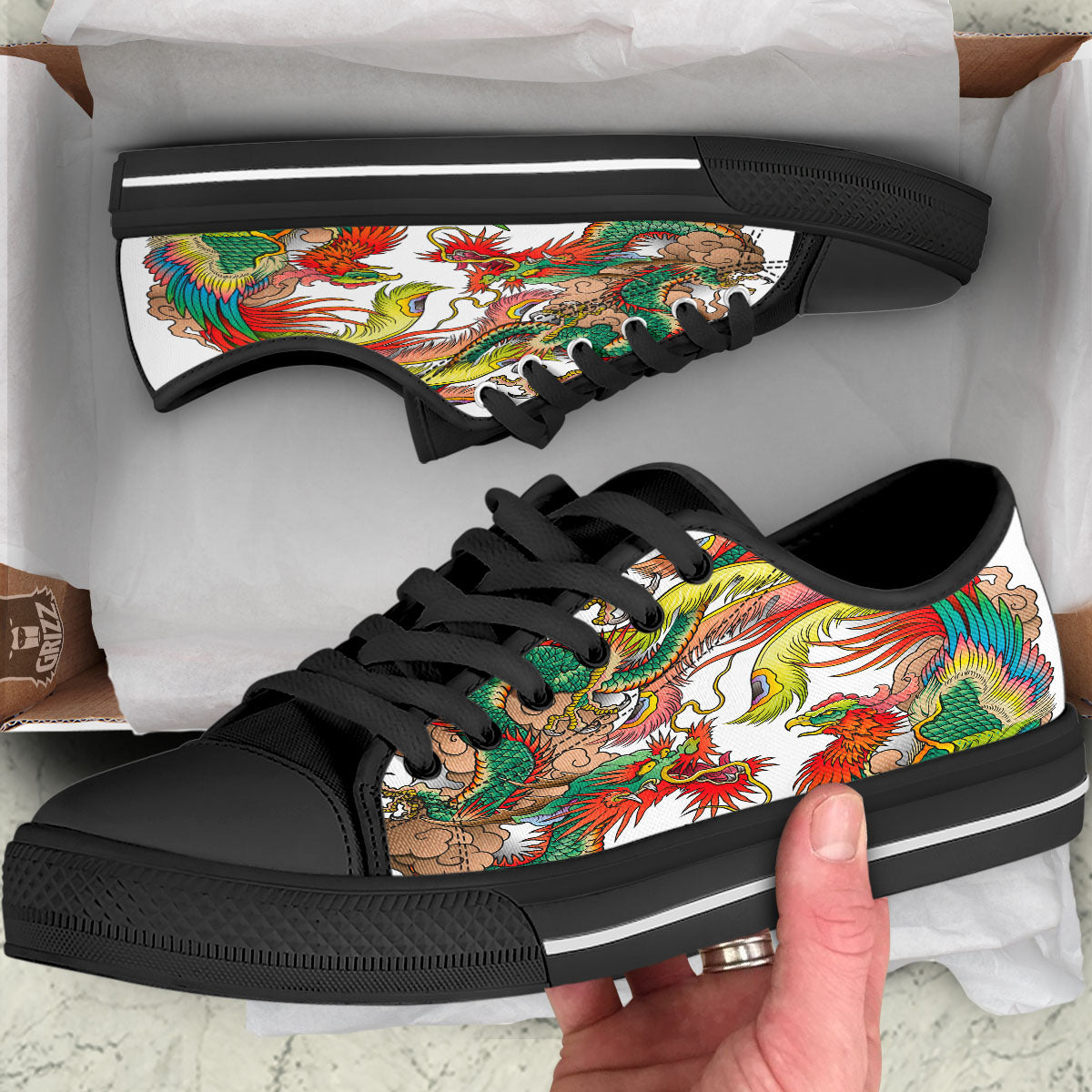 Phoenix And Dragon Japanese Tattoo Print Black Low Top Shoes-grizzshop