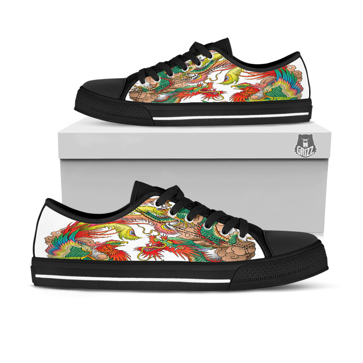 Phoenix And Dragon Japanese Tattoo Print Black Low Top Shoes-grizzshop