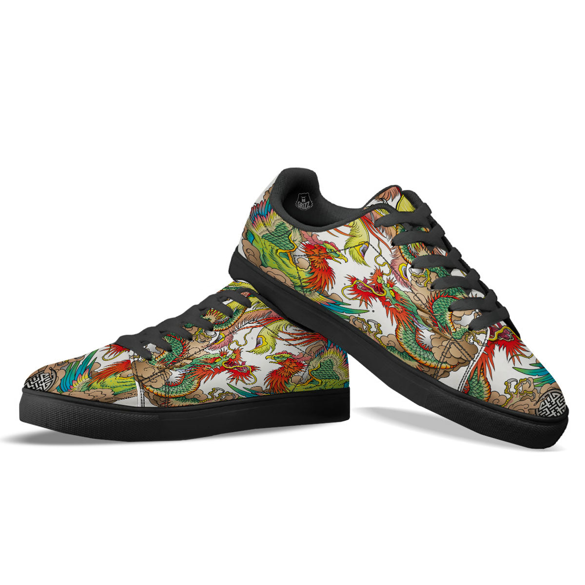 Phoenix And Dragon Japanese Tattoo Print Black Low Top Sneakers-grizzshop