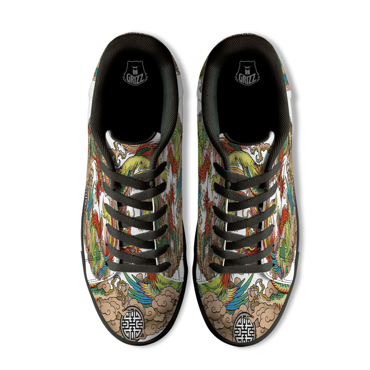 Phoenix And Dragon Japanese Tattoo Print Black Low Top Sneakers-grizzshop