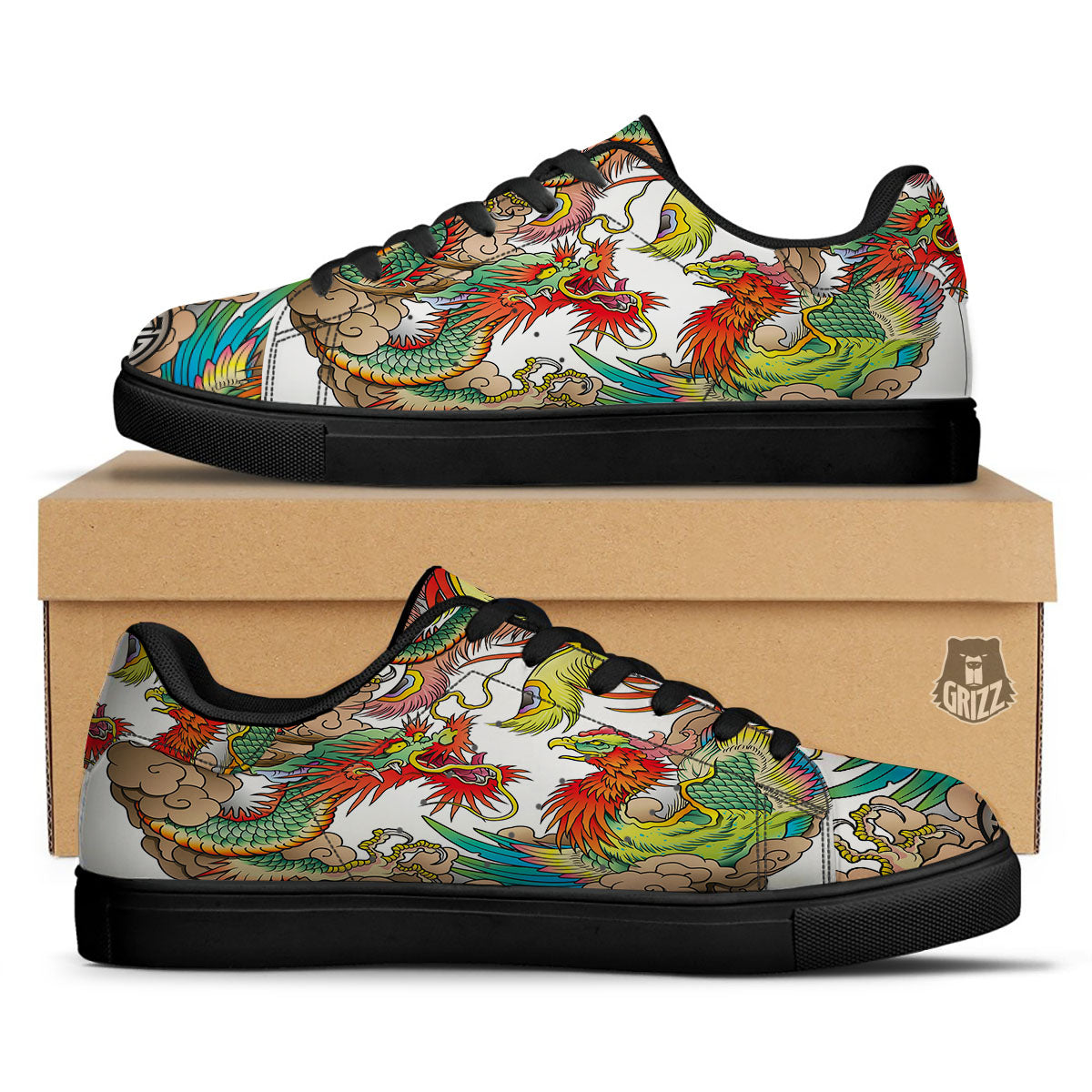 Phoenix And Dragon Japanese Tattoo Print Black Low Top Sneakers-grizzshop