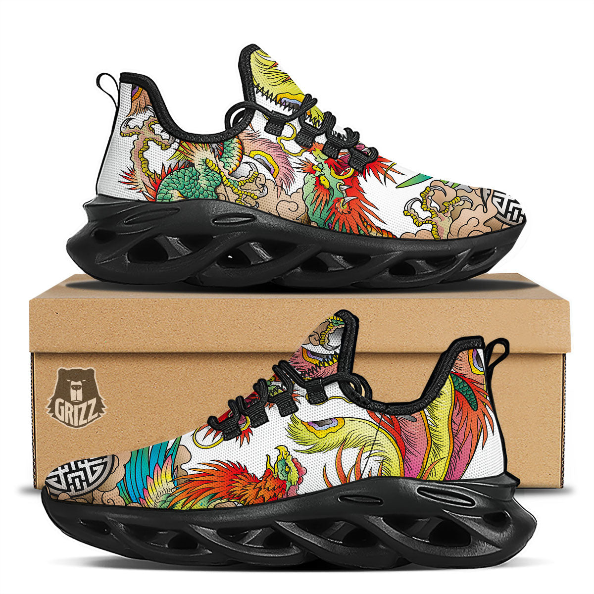 Phoenix And Dragon Japanese Tattoo Print Black Running Shoes-grizzshop