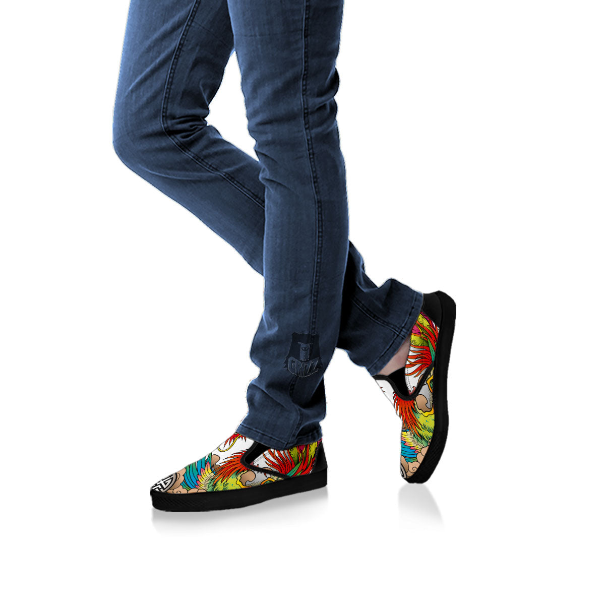 Phoenix And Dragon Japanese Tattoo Print Black Slip On Shoes-grizzshop