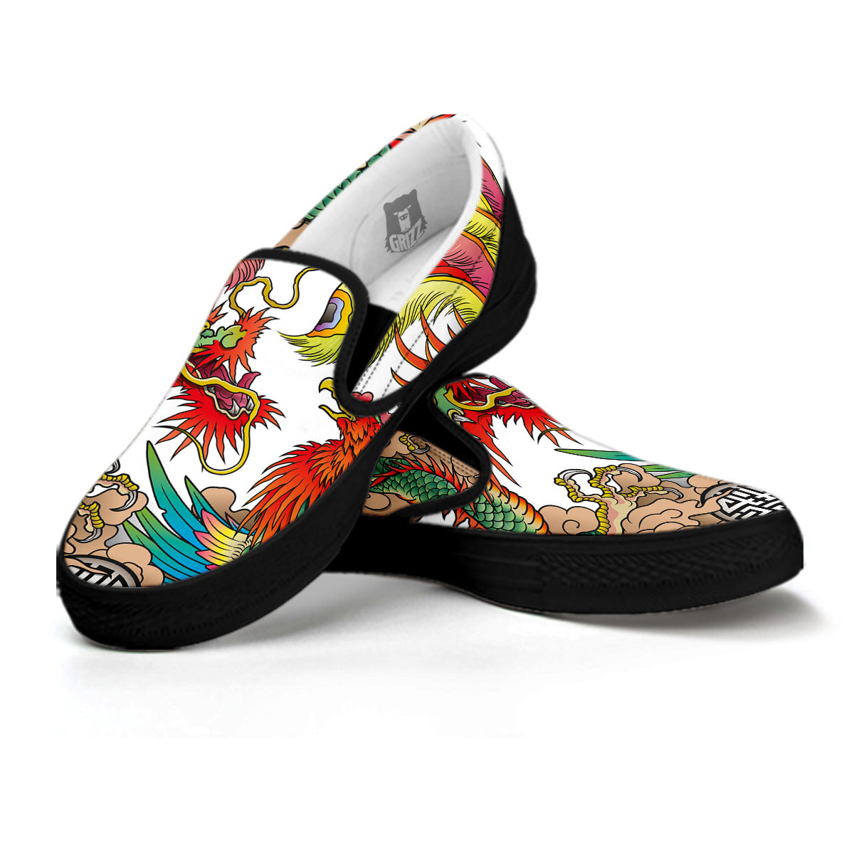 Phoenix And Dragon Japanese Tattoo Print Black Slip On Shoes-grizzshop