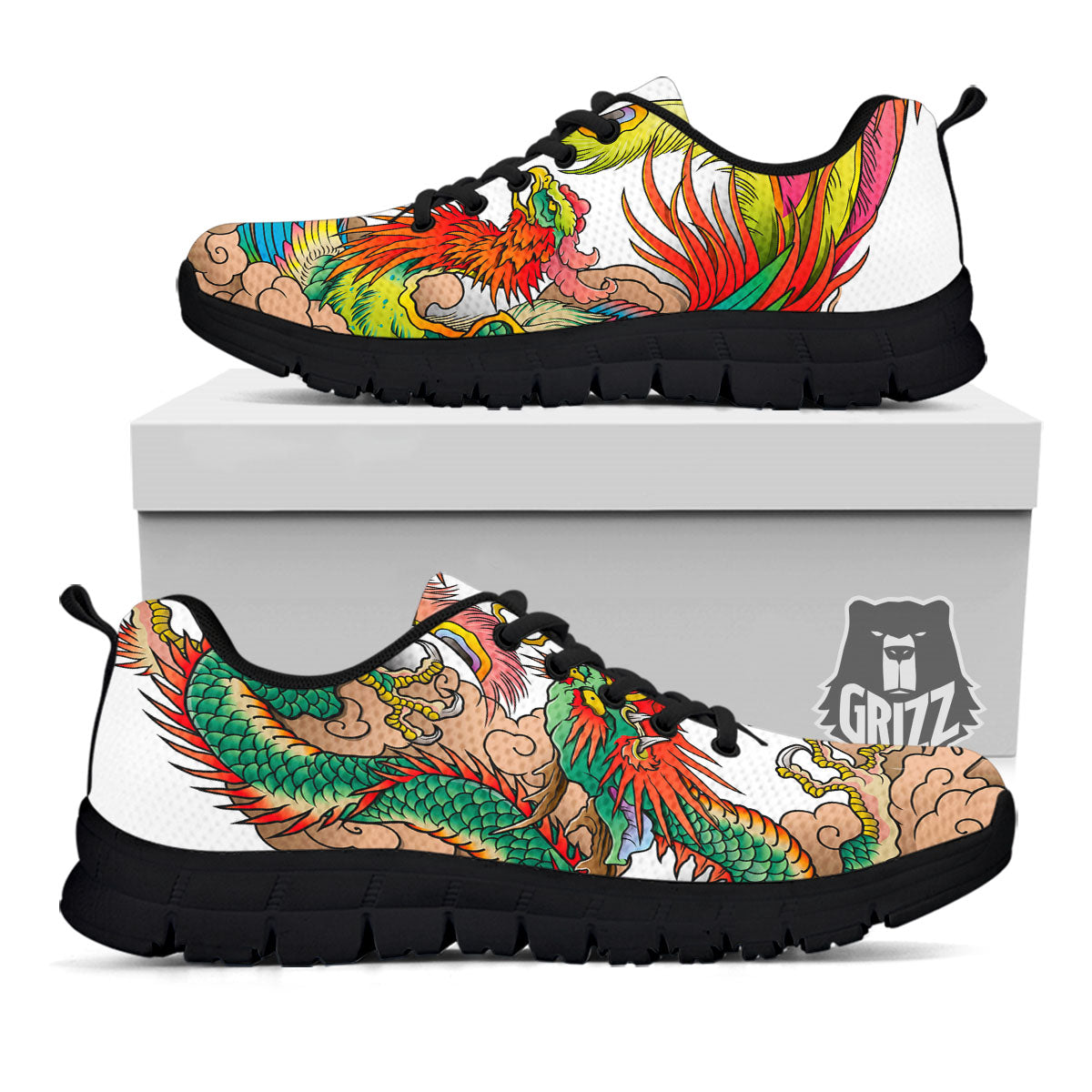 Phoenix And Dragon Japanese Tattoo Print Black Sneaker-grizzshop