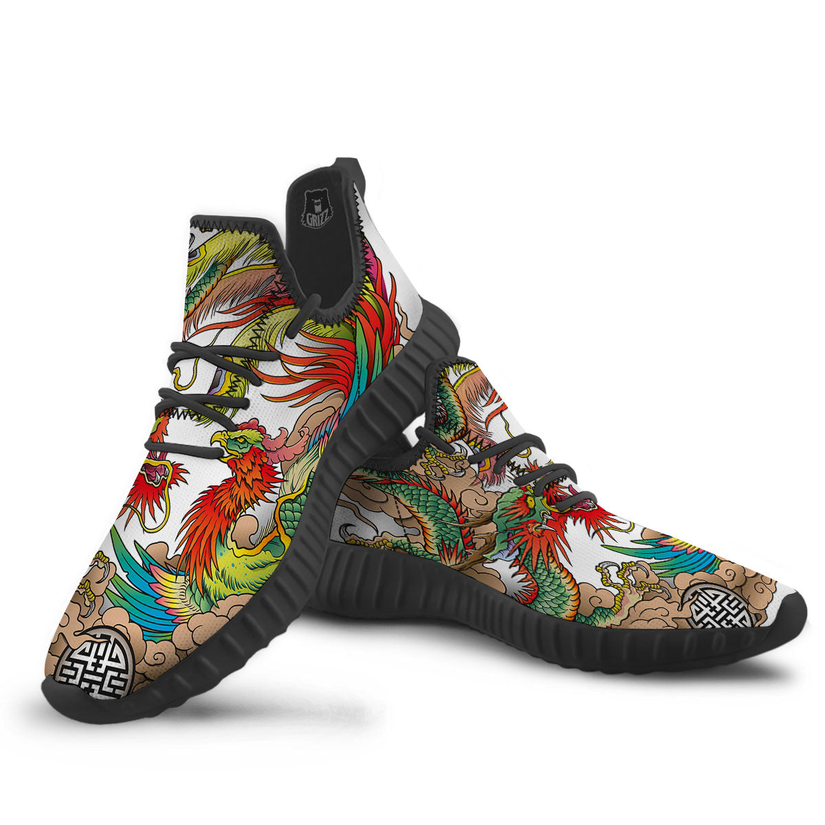 Phoenix And Dragon Japanese Tattoo Print Black Walking Shoes-grizzshop