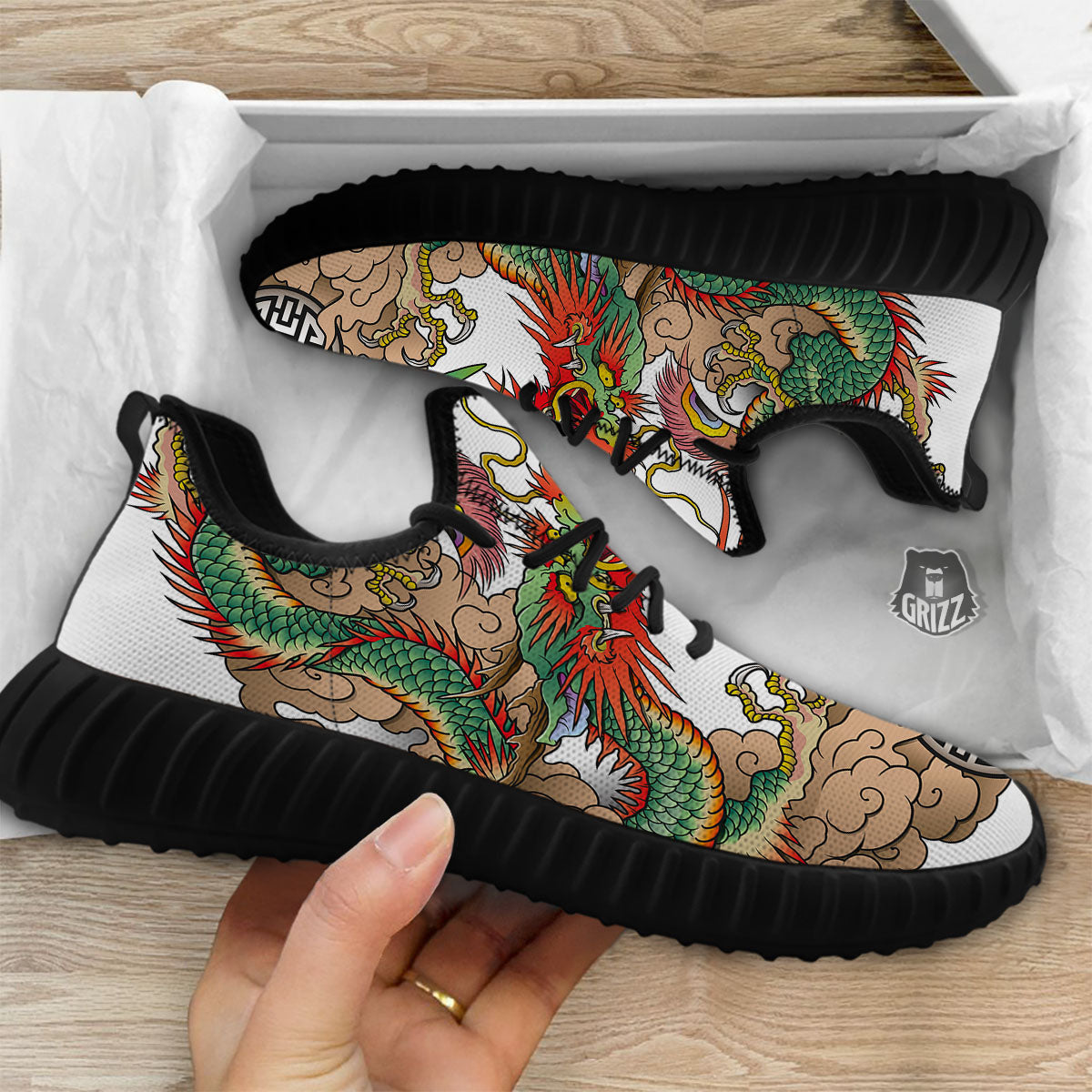 Phoenix And Dragon Japanese Tattoo Print Black Walking Shoes-grizzshop
