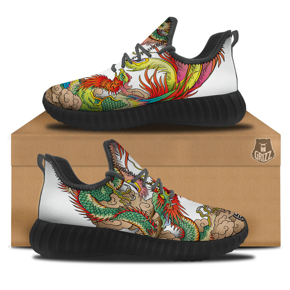 Phoenix And Dragon Japanese Tattoo Print Black Walking Shoes-grizzshop