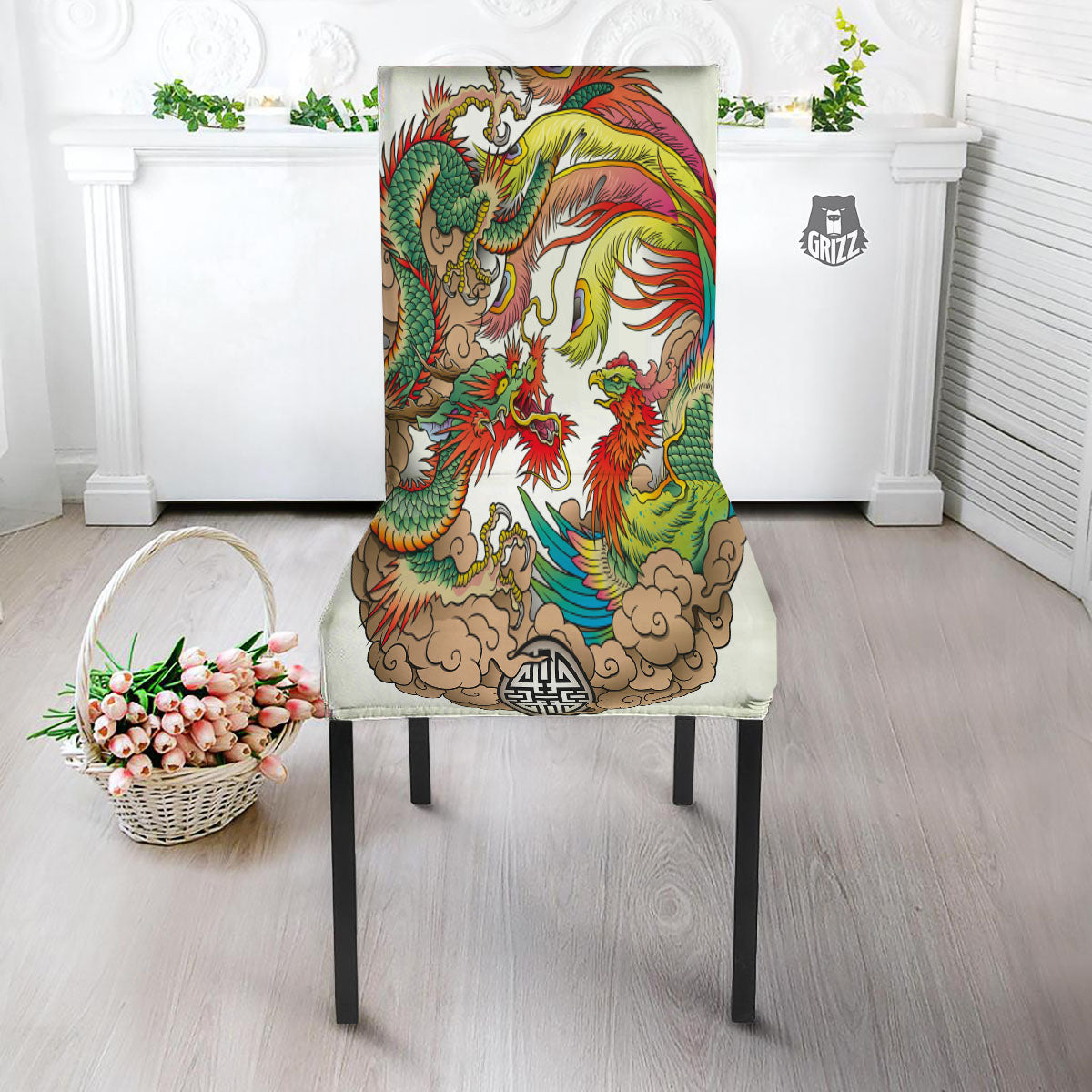 Phoenix And Dragon Japanese Tattoo Print Dining Chair Slipcover-grizzshop