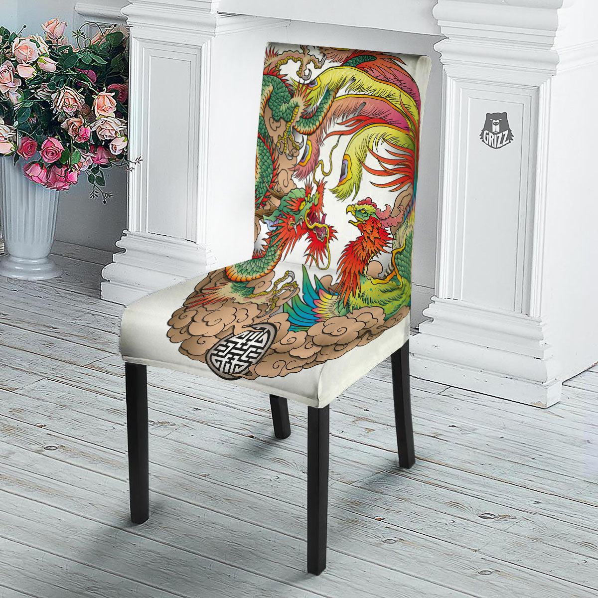 Phoenix And Dragon Japanese Tattoo Print Dining Chair Slipcover-grizzshop
